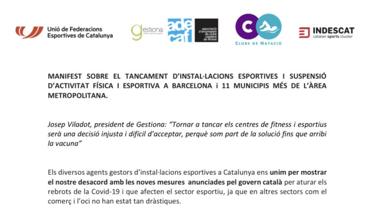 MANIFEST SOBRE EL TANCAMENT D’INSTAL·LACIONS ESPORTIVES I SUSPENSIÓ D’ACTIVITAT FÍSICA I ESPORTIVA A BARCELONA